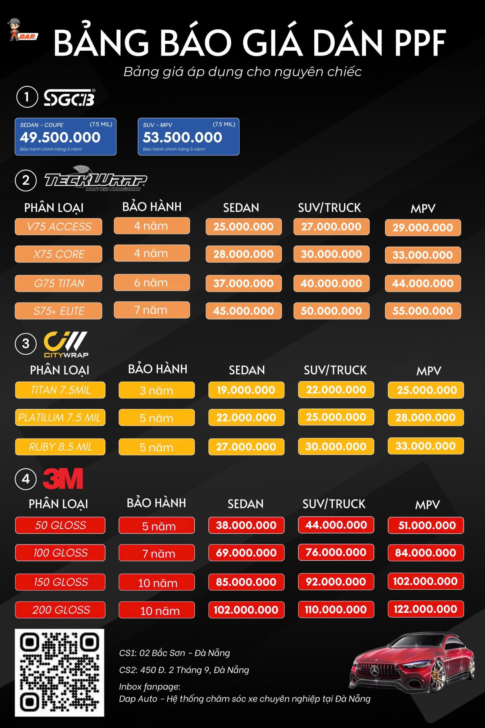 Bảng giá dán PPF ô tô mới nhất 2025 tại DAP Auto Đà Nẵng