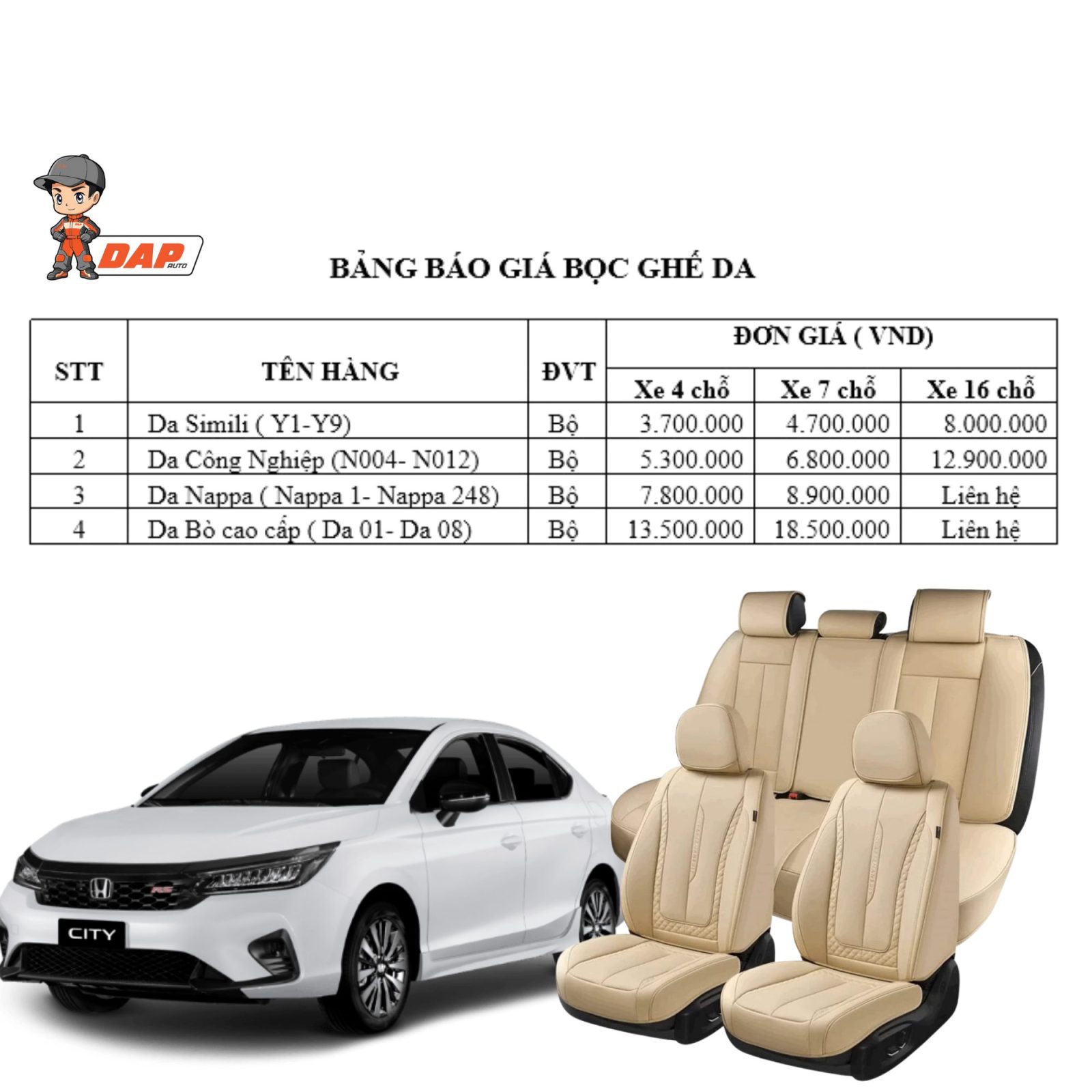 Bảng giá bọc ghế da ô tô 2025 tại Dap Auto
