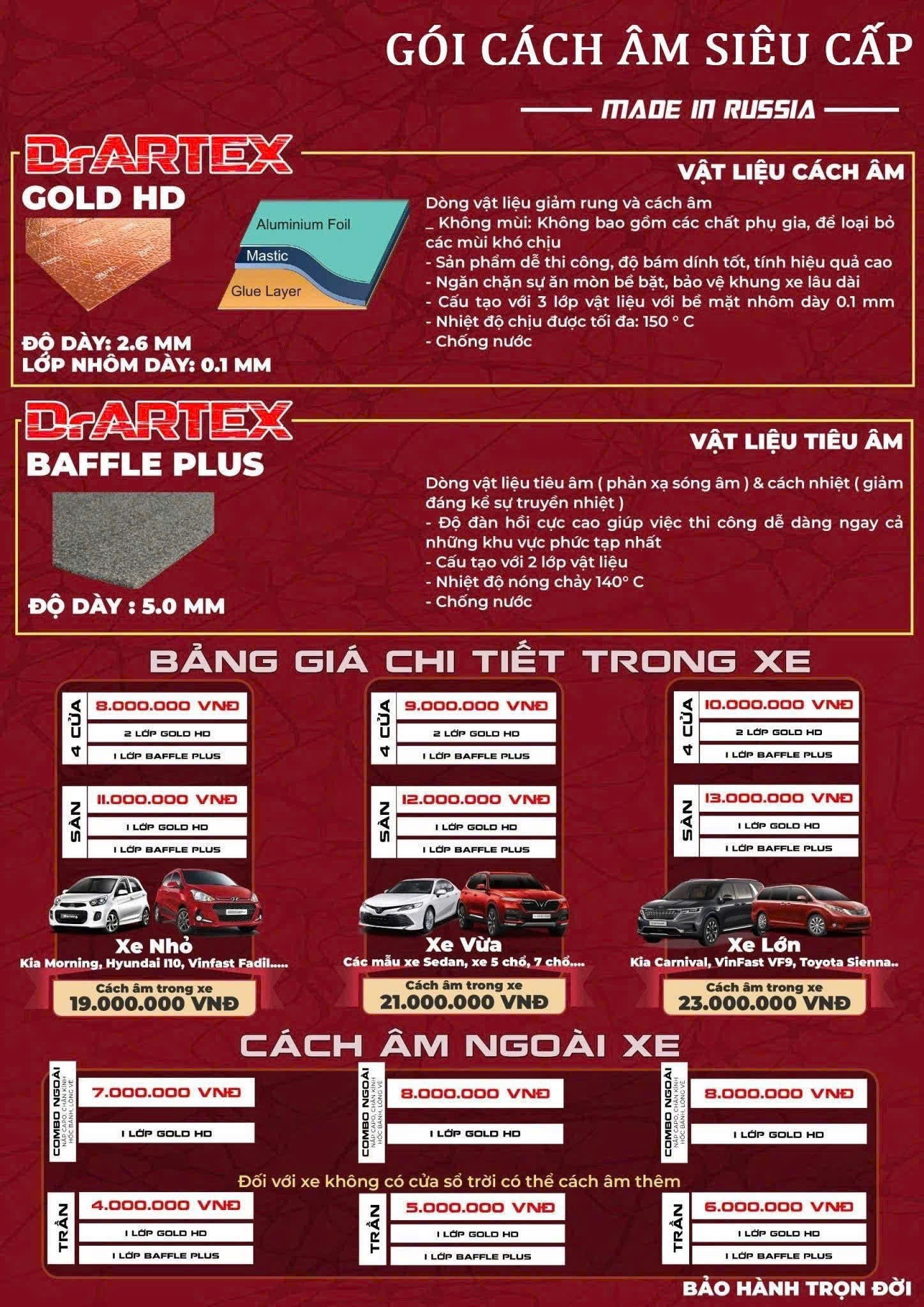 Bảng giá dán cách âm xe ô tô DrARTEX