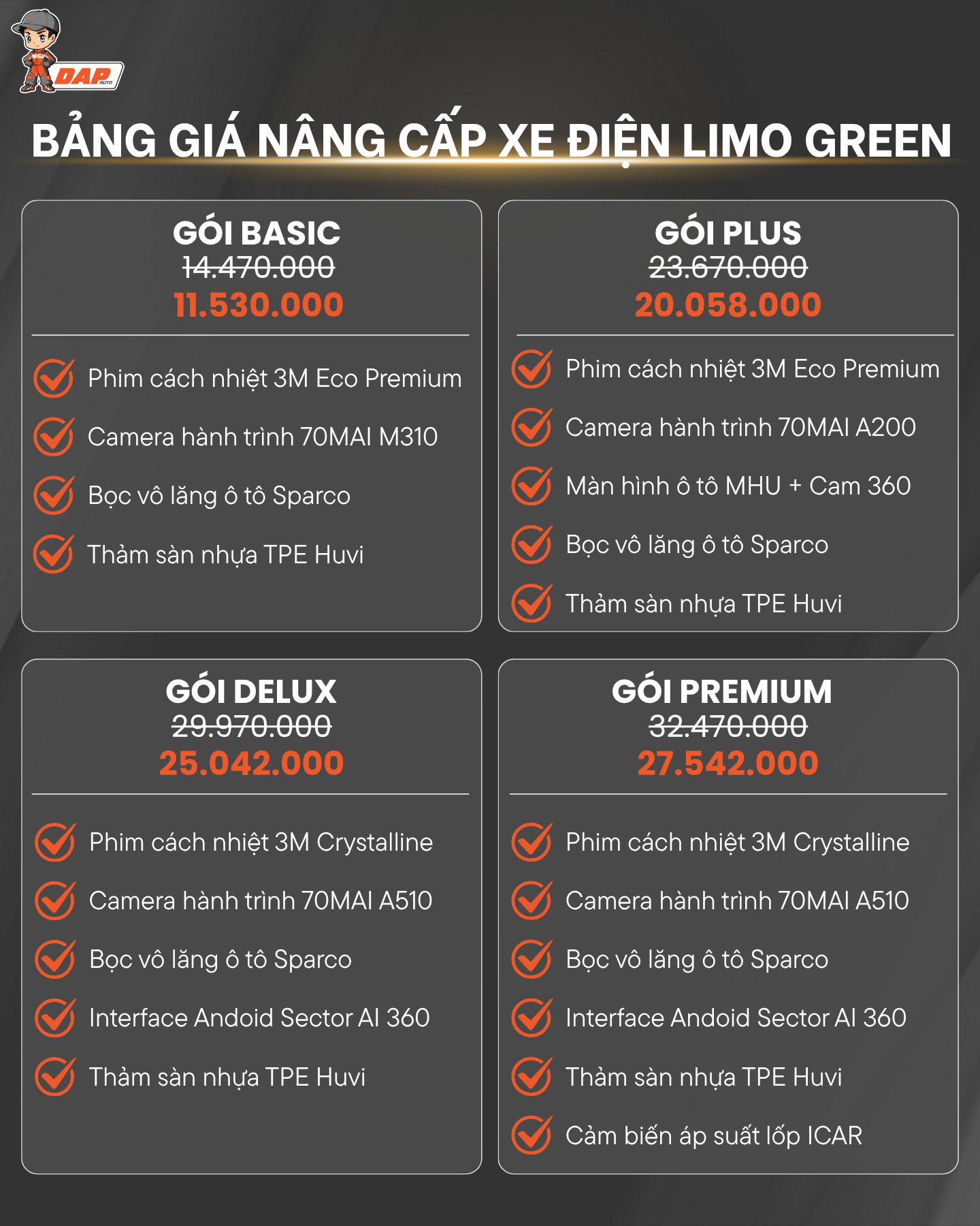 Bảng giá so sánh nhanh về các gói độ xe Vinfast Limo Green tại DAP Auto