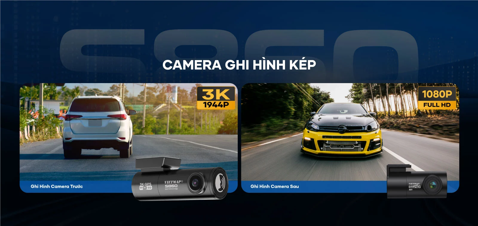 Camera hành trình ô tô Vietmap S860 ghi hình kép trước và sau