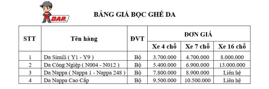Bảng giá bọc ghế da ô tô Đà Nẵng