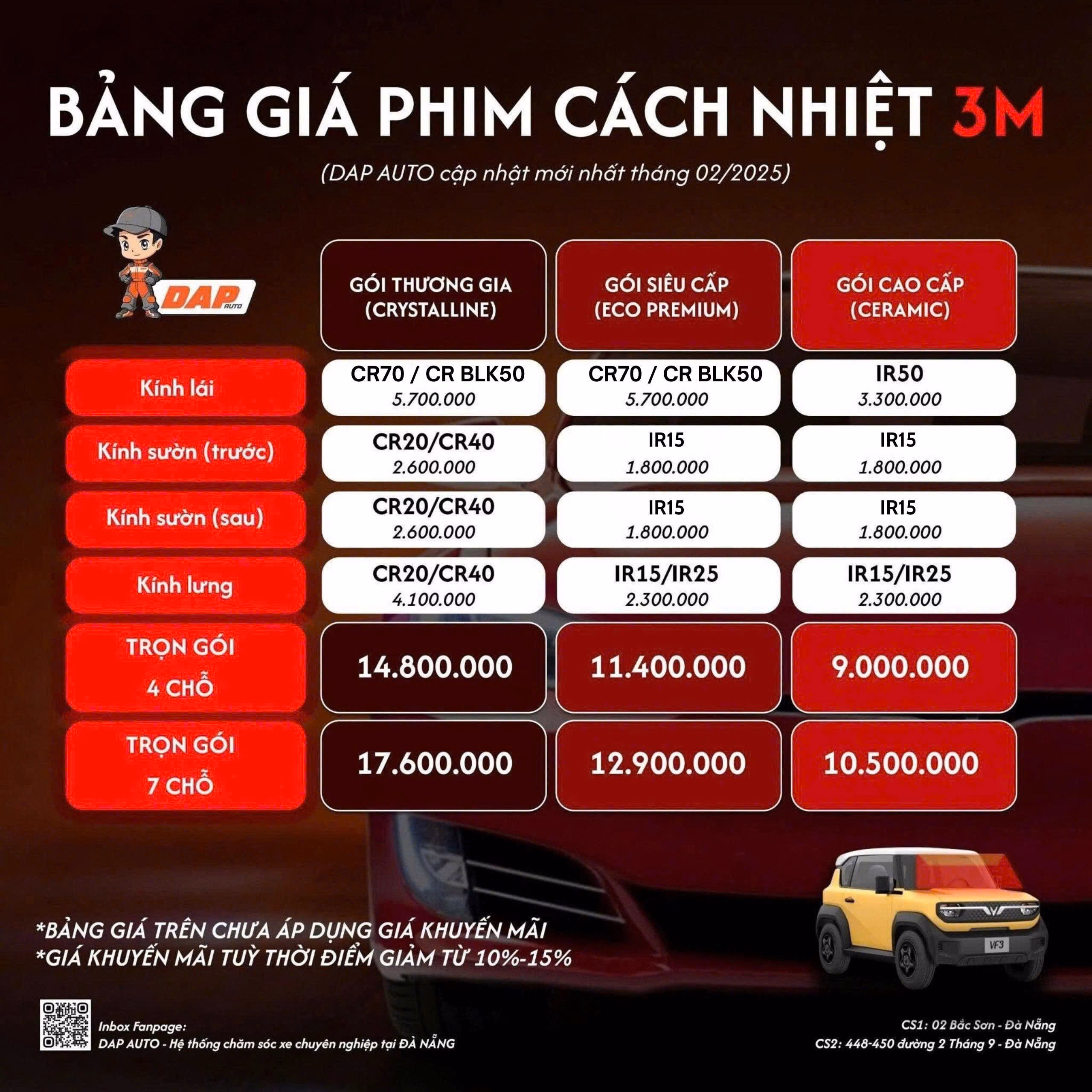 Bảng giá dán phim cách nhiệt 3M chính hãng 2026